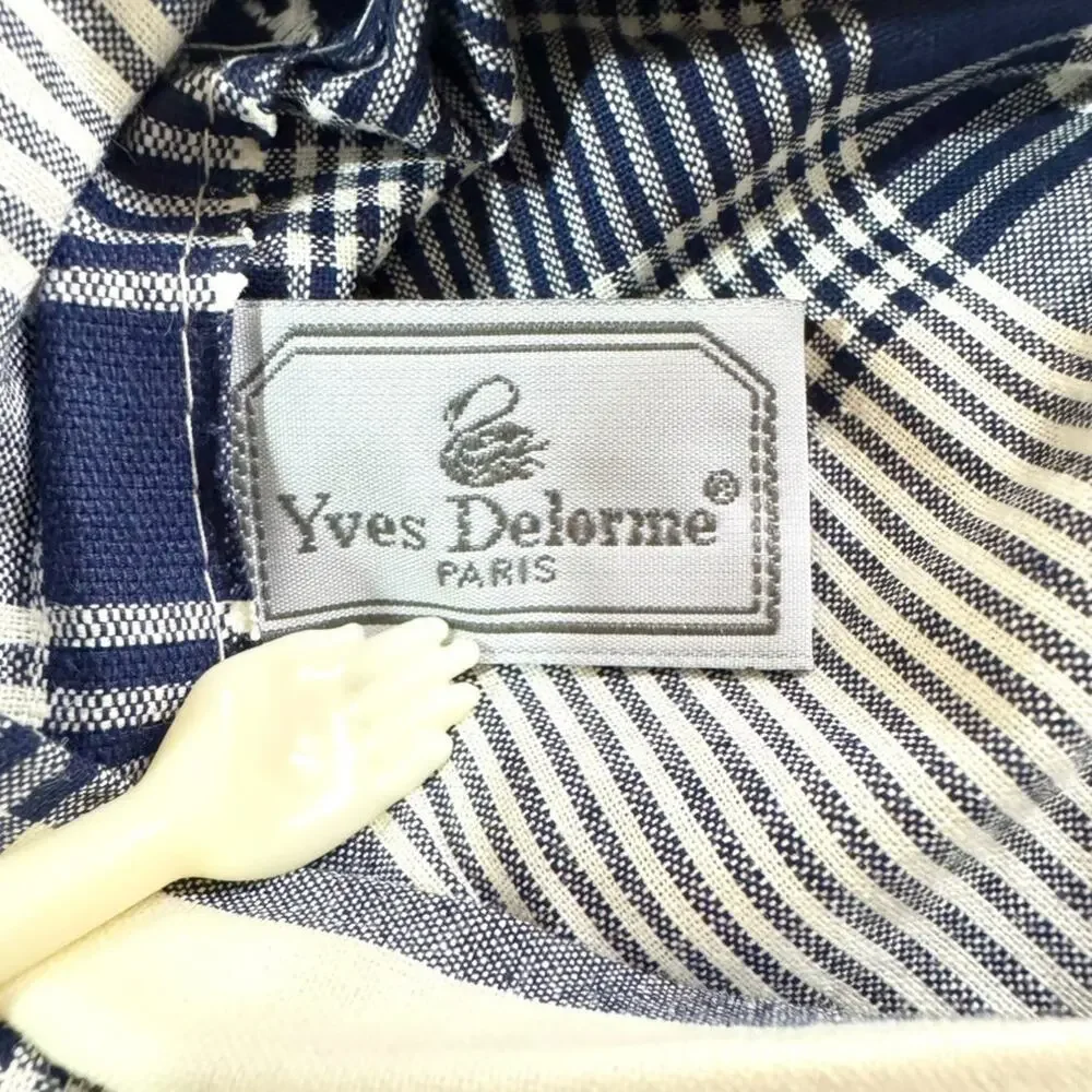 Yves Delorme King Duvet Cover Blue White Plaid 100% Cotton Luxury Made in France